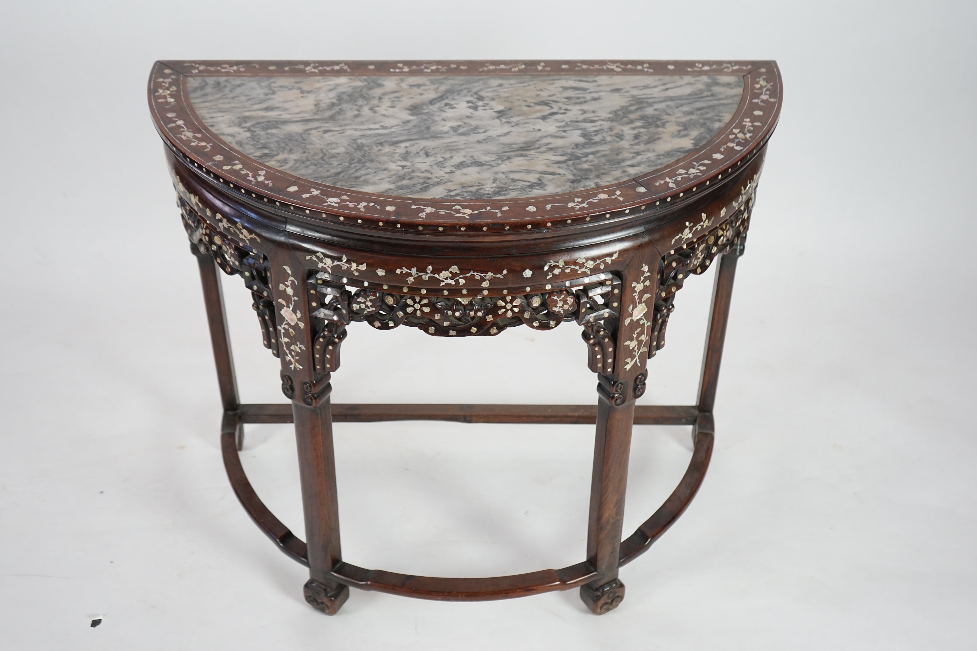 A Chinese hongmu and floral mother of pearl inlaid console table, late 19th/early 20th century